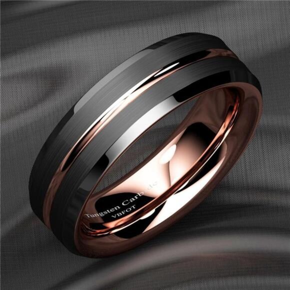 Mens 6mm Black Brushed Rose Gold Wedding Band Ring for Men and Women - Picture 3 of 7